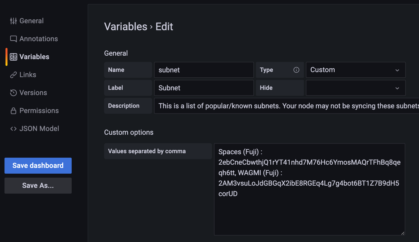 Variables screen